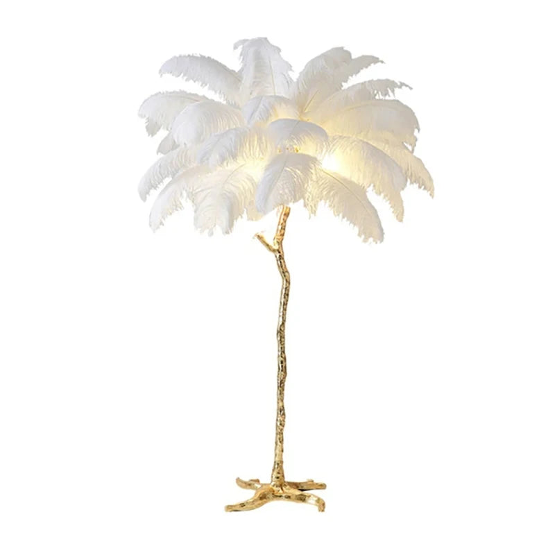Lampadaire Plumes Blanches et Métal Doré Art Déco - Salon Bureau Chambre — Aigrette