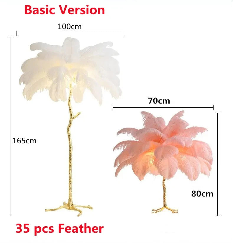 Lampadaire Feuillage Plumes Blanches et Métal Doré Art Déco - Salon Bureau Chambre — Folium