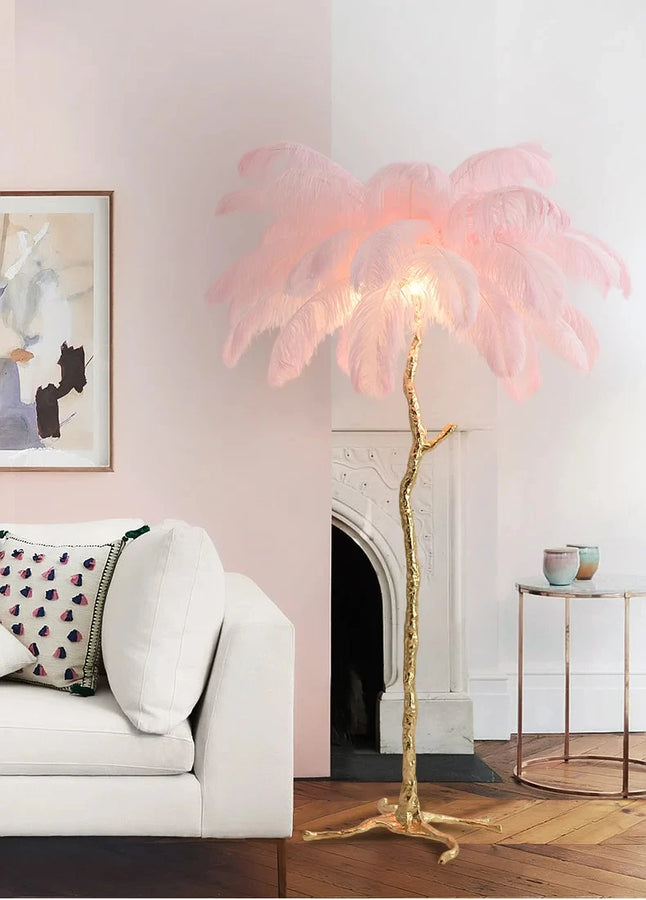 Lampadaire Feuillage Plumes Blanches et Métal Doré Art Déco - Salon Bureau Chambre — Folium