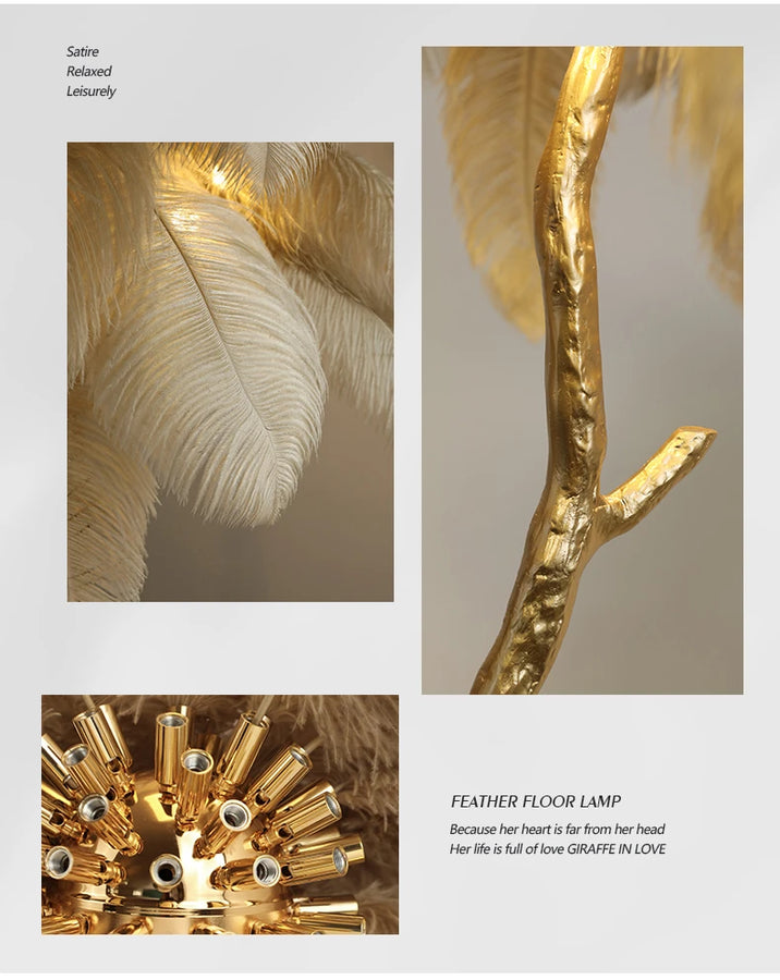 Lampadaire Plumes Blanches et Métal Doré Art Déco - Salon Bureau Chambre — Aigrette