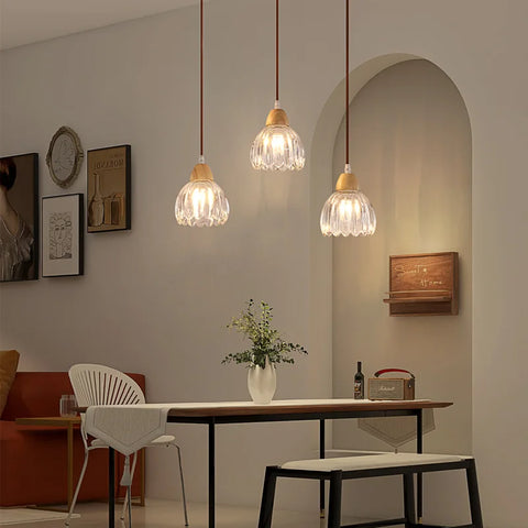 Suspension Cloche Verre Transparent et Bois Naturel - Cuisine Chambre Salon — Campanio