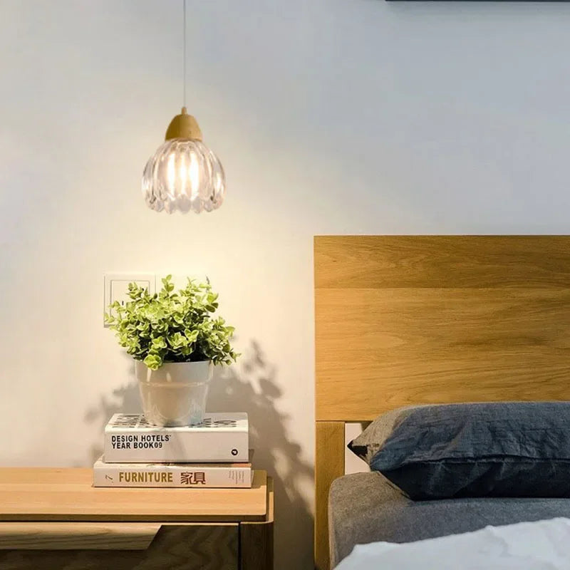 Suspension Cloche Verre Transparent et Bois Naturel - Cuisine Chambre Salon — Campanio