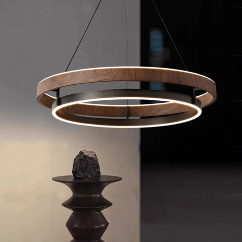 Suspension Anneau Bois Chêne et Métal Noir Minimaliste Design - Cuisine Salon Salle à Manger — Cristal