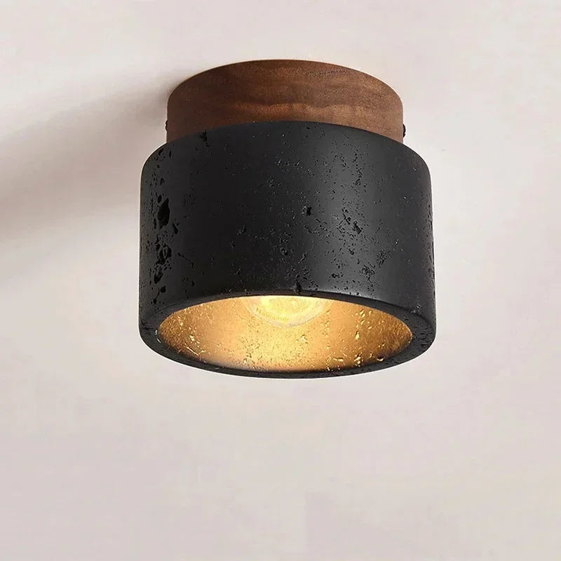 Plafonnier Cylindre Béton Noir et Bois Naturel - Salon Chambre Salle à Manger — Mimosa