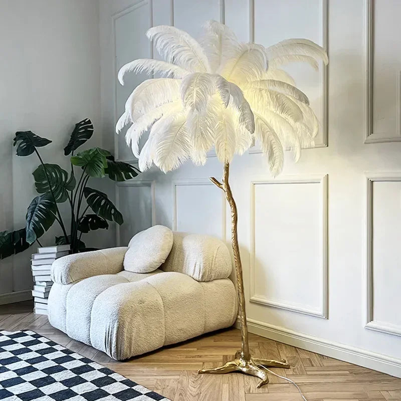 Lampadaire Feuillage Plumes Crème et Métal Doré - Salon Bureau Chambre — Folia