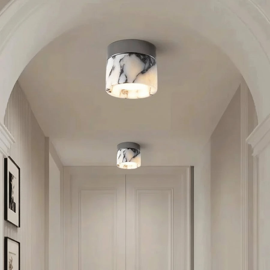 Plafonnier Cylindre Marbre Blanc et Métal Noir - Salle de Bain Salon Chambre — Voile