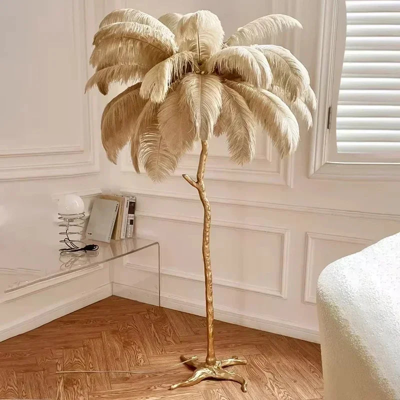 Lampadaire Feuillage Plumes Blanches et Métal Doré Art Déco - Salon Bureau Chambre — Folium
