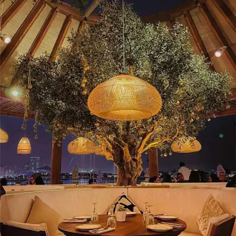 Suspension Goutte Rotin Noir et Bois Naturel - Cuisine Chambre Salon — Drops