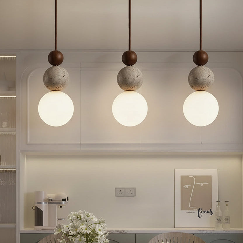 Suspension Sphère Béton Brut et Bois Naturel Boule - Cuisine Chambre Salon — Lyra