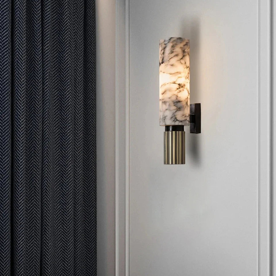 Applique Murale Cylindre Marbre Blanc et Métal Noir Noire - Chambre Salle de Bain Salon — Acrux