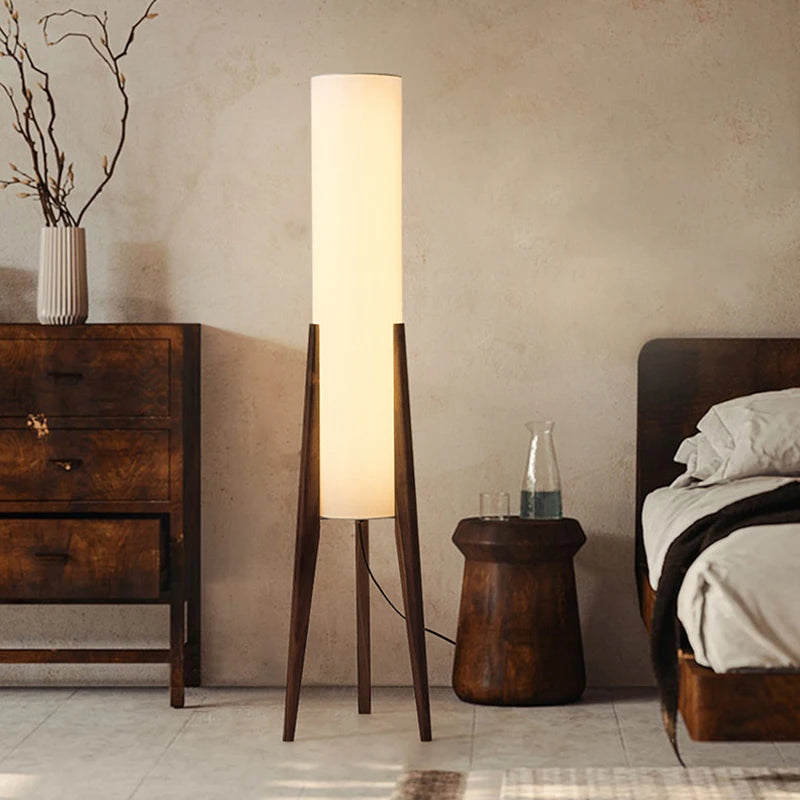 Lampadaire Cylindre Tissu Blanc et Bois Naturel - Salon Bureau Chambre — Canna