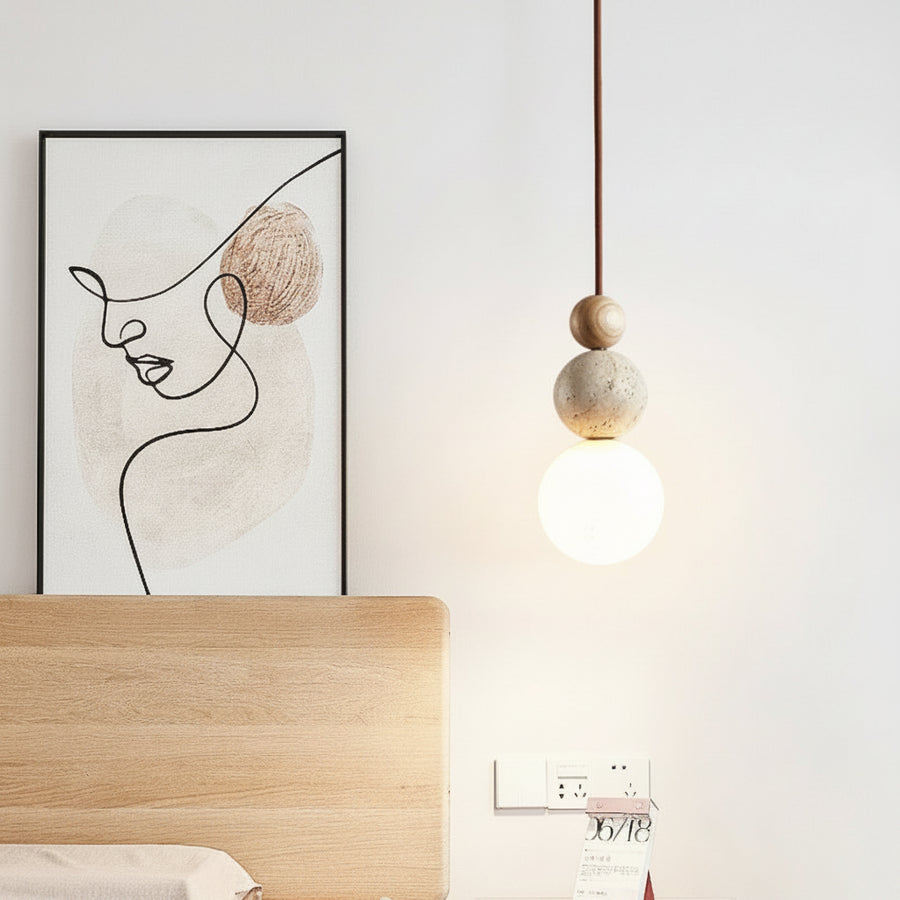 Suspension Sphère Béton Brut et Bois Naturel Boule - Cuisine Chambre Salon — Lyra