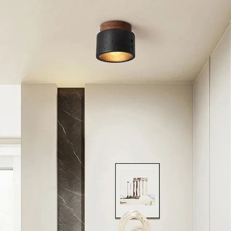Plafonnier Cylindre Béton Noir et Bois Naturel - Salon Chambre Salle à Manger — Mimosa