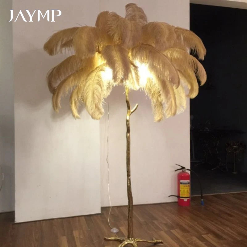 Lampadaire Plumes Blanches et Métal Doré Art Déco - Salon Bureau Chambre — Aigrette