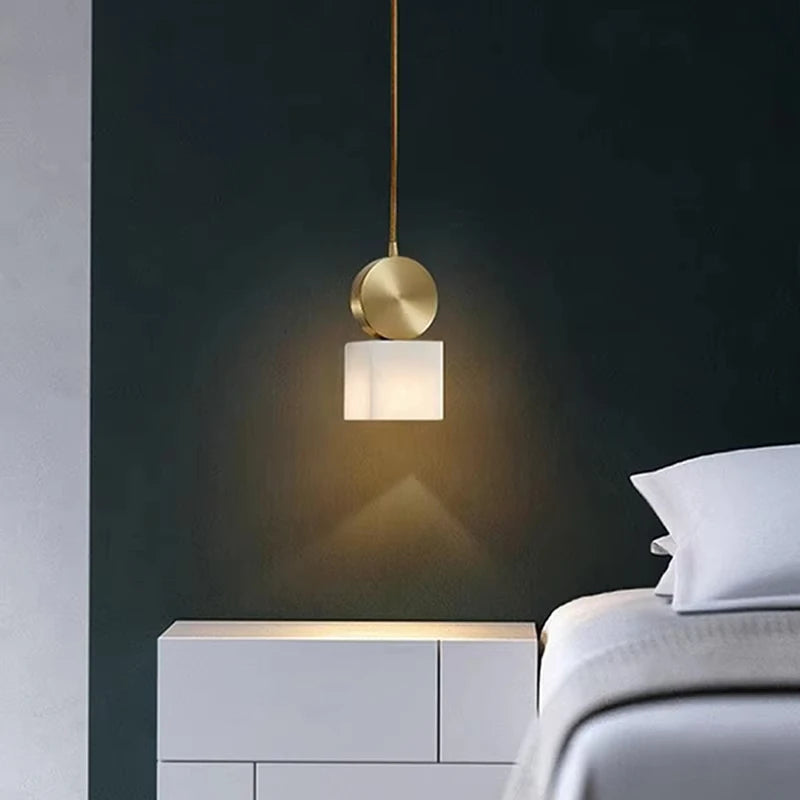 Suspension Cylindre Laiton et Albâtre Blanc Minimaliste Design - Chambre Salon Cuisine — Lucca