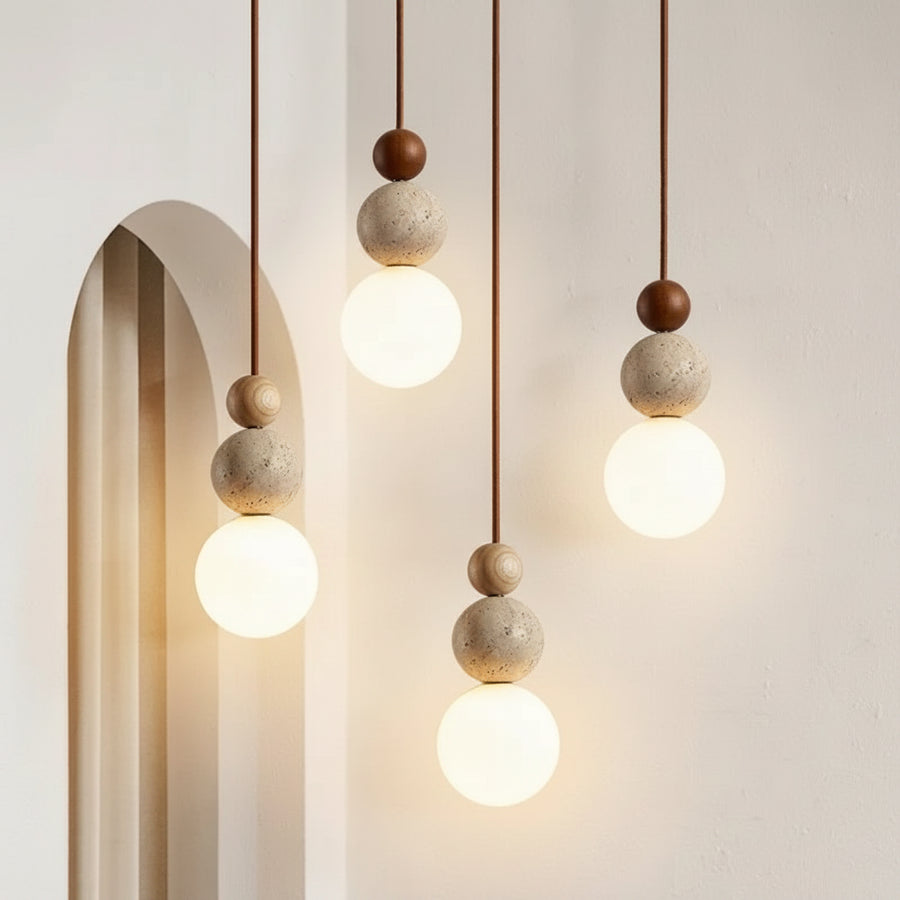 Suspension Sphère Béton Brut et Bois Naturel Boule - Cuisine Chambre Salon — Lyra