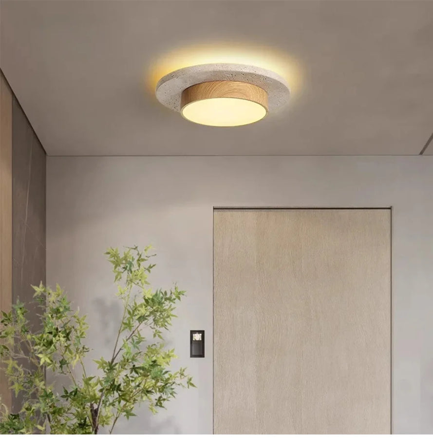 Plafonnier Béton Brut et Bois Naturel Anneau LED - Salon Cuisine Chambre — Quantum