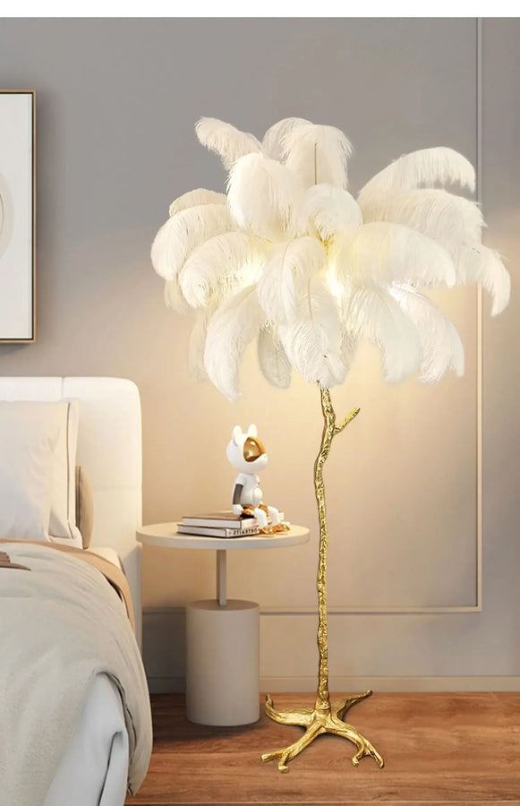 Lampadaire Feuillage Plumes Crème et Métal Doré - Salon Bureau Chambre — Folia