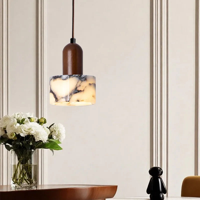 Suspension Cylindre Marbre Blanc et Bois Naturel - Cuisine Chambre Salon — Artemis