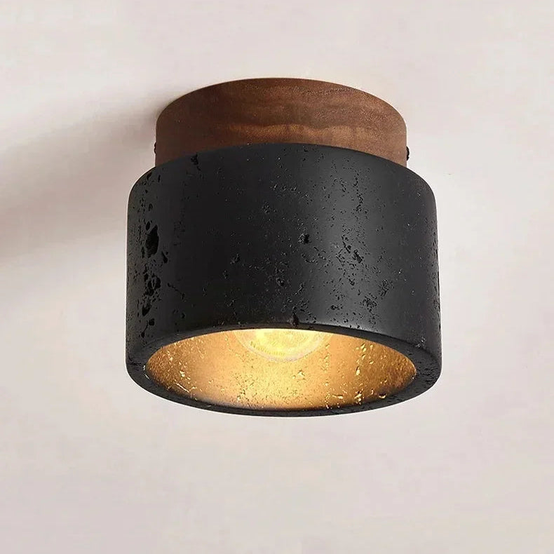 Plafonnier Cylindre Béton Noir et Bois Naturel - Salon Chambre Salle à Manger — Mimosa
