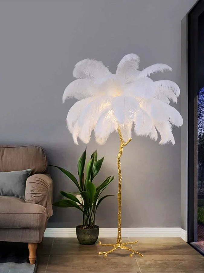 Lampadaire Feuillage Plumes Crème et Métal Doré - Salon Bureau Chambre — Folia