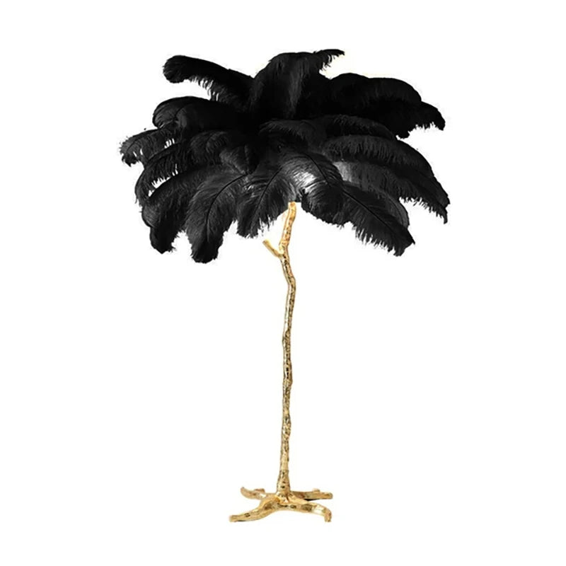 Lampadaire Feuillage Plumes Blanches et Métal Doré Art Déco - Salon Bureau Chambre — Folium
