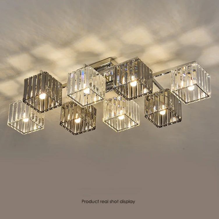 Lustre Plafonnier Cube Cristal et Métal Chromé Art Déco - Salon Salle à Manger — Cristallo