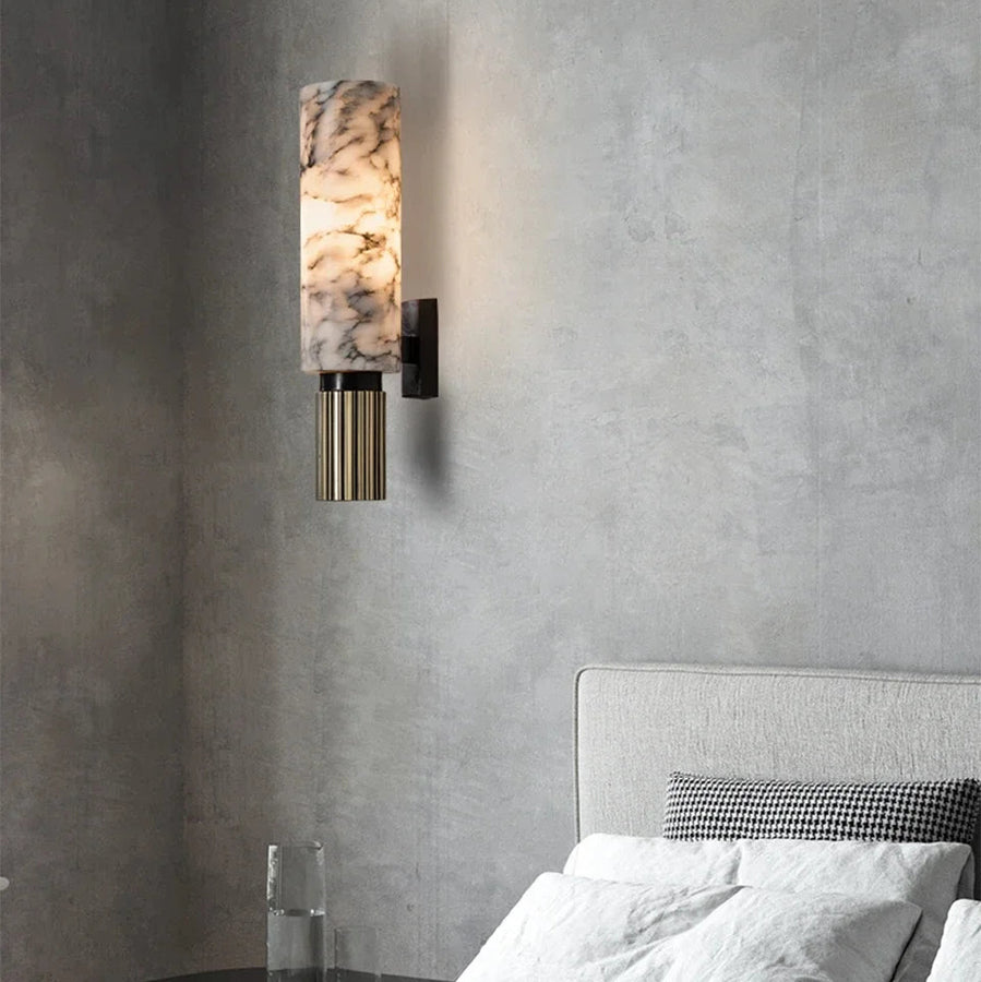 Applique Murale Cylindre Marbre Blanc et Métal Noir Noire - Chambre Salle de Bain Salon — Acrux