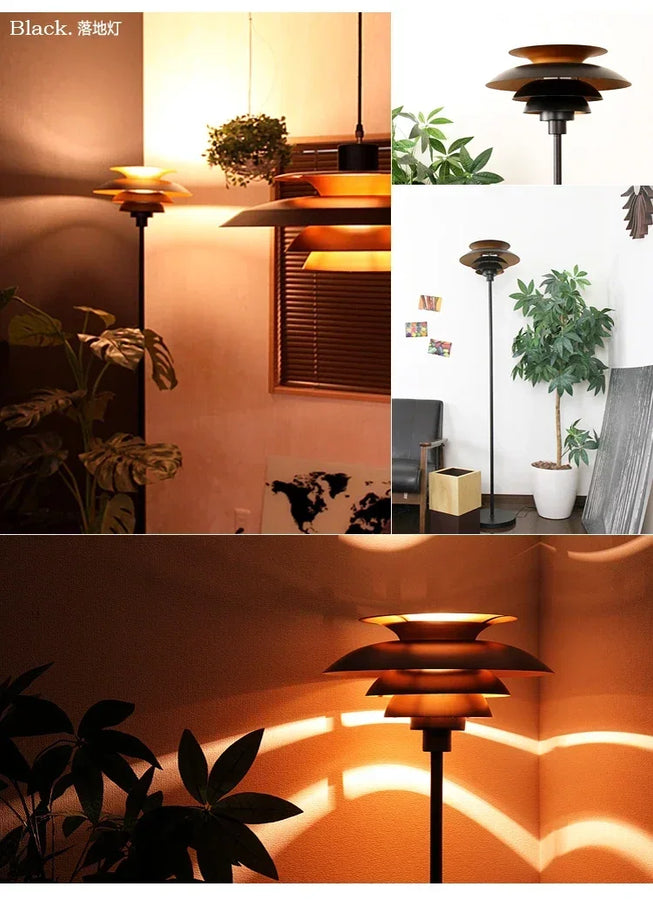 Lampadaire Tablette Métal Noir et Bois Minimaliste Design - Salon Bureau Chambre — Lumio