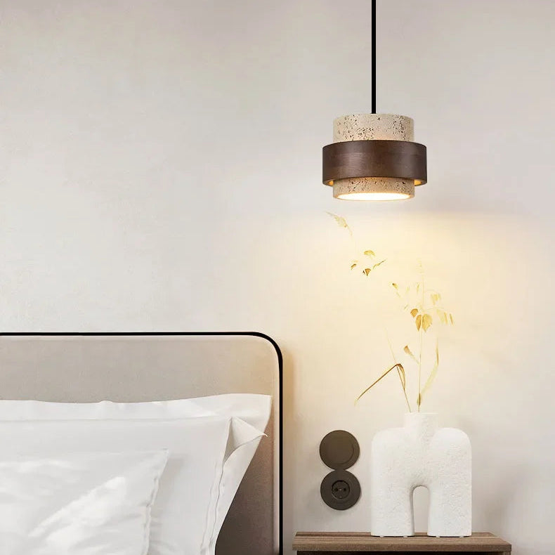 Suspension Cylindre Bois Foncé et Béton Brut - Chambre Salon Cuisine — Fuseau