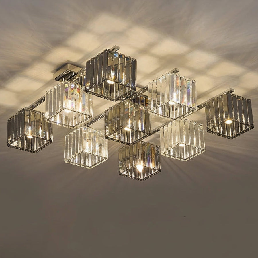 Lustre Plafonnier Cube Cristal et Métal Chromé Art Déco - Salon Salle à Manger — Cristallo