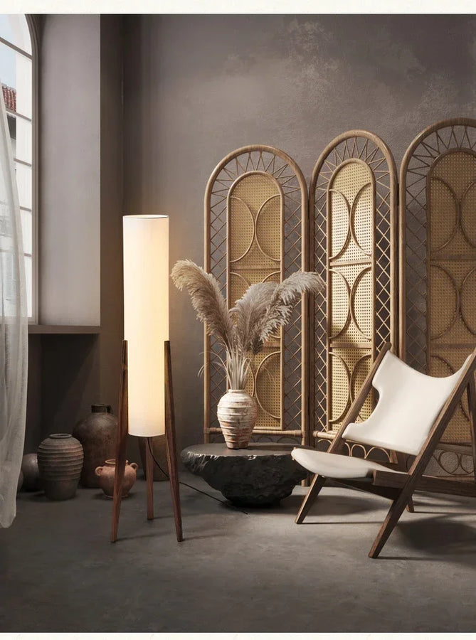 Lampadaire Cylindre Tissu Blanc et Bois Naturel - Salon Bureau Chambre — Canna