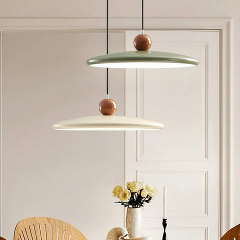 Suspension Disque Métal Vert Sauge et Bois Naturel - Cuisine Chambre Salon — Alcyone