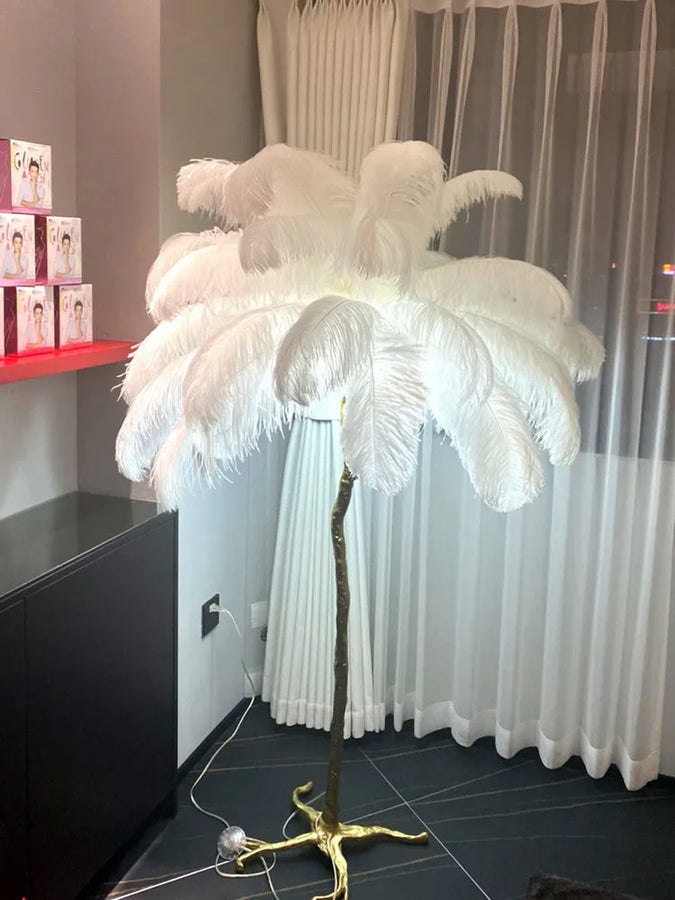 Lampadaire Feuillage Plumes Crème et Métal Doré - Salon Bureau Chambre — Folia