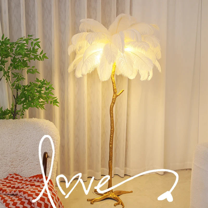 Lampadaire Feuillage Plumes Blanches et Métal Doré Art Déco - Salon Bureau Chambre — Folium