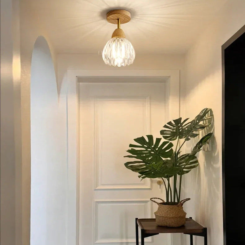 Suspension Cloche Verre Transparent et Bois Naturel - Cuisine Chambre Salon — Campanio
