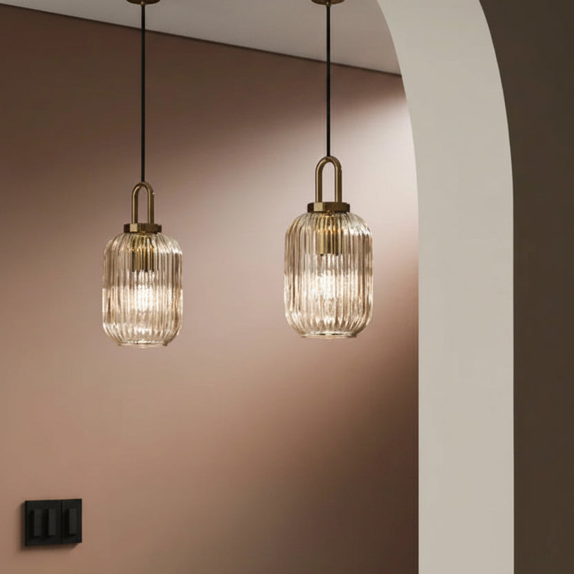 Suspension Cylindre Verre Strié et Laiton Doré - Chambre Salon Cuisine — Presto
