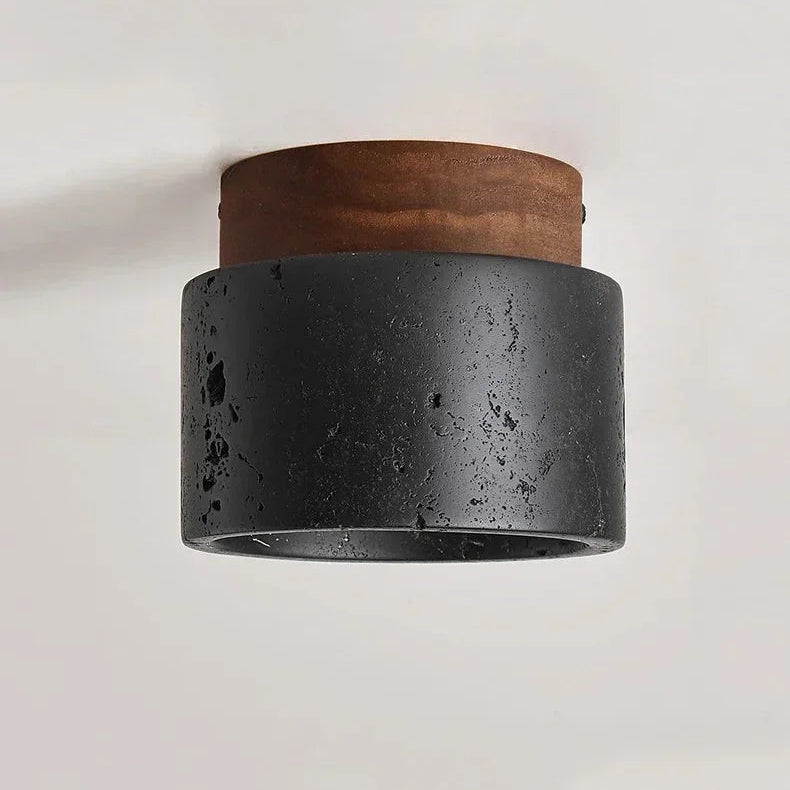 Plafonnier Cylindre Béton Noir et Bois Naturel - Salon Chambre Salle à Manger — Mimosa