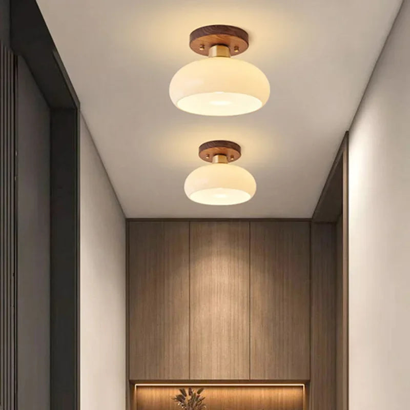 Plafonnier Dôme Verre Opalin et Bois Noyer - Salon Chambre Salle à Manger — Calotte