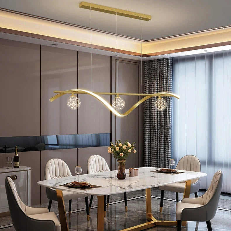 Suspension Vagues Laiton Doré et Boules Cristal - Salon Salle à Manger Chambre — Marée