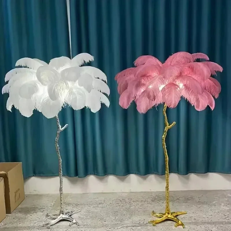 Lampadaire Feuillage Plumes Blanches et Métal Doré Art Déco - Salon Bureau Chambre — Folium