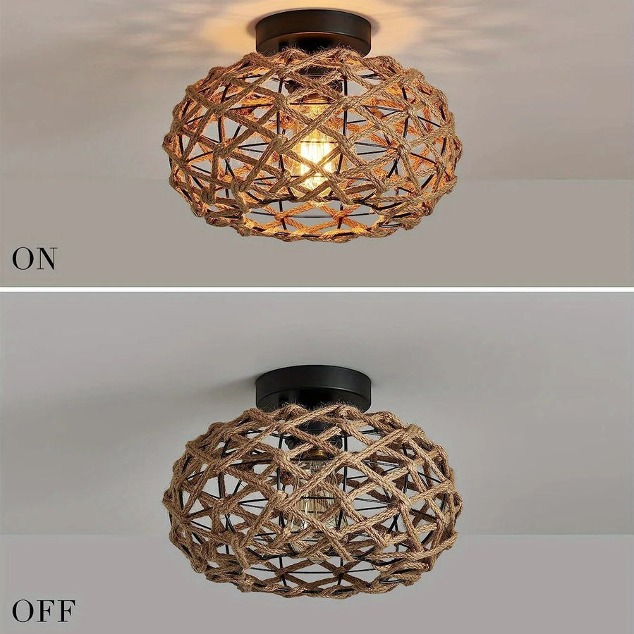 Plafonnier Cage Corde Tressée Bohème Rustique Vintage - Salon Chambre Salle à Manger — Grille