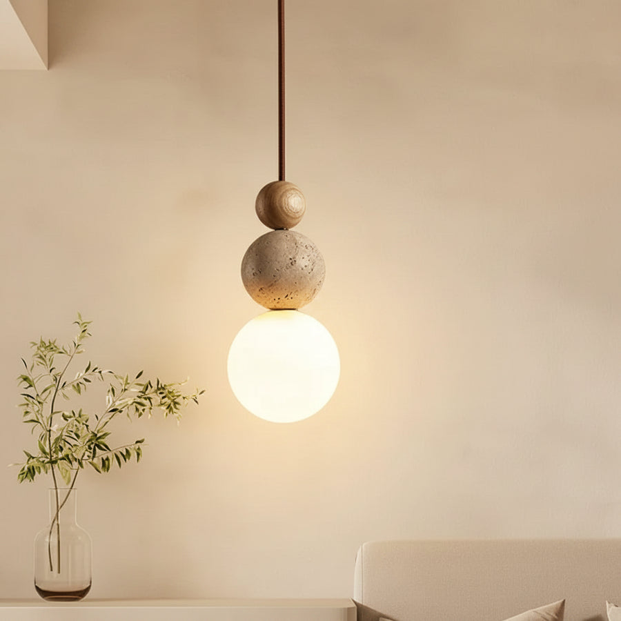Suspension Sphère Béton Brut et Bois Naturel Boule - Cuisine Chambre Salon — Lyra