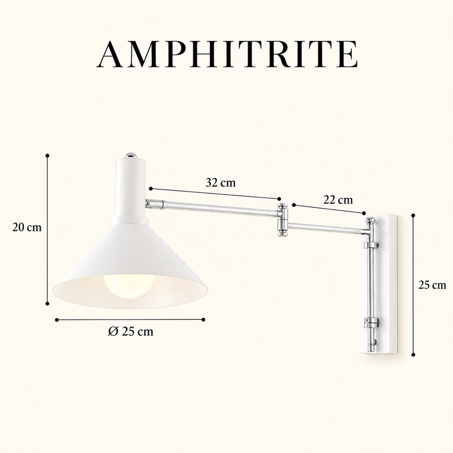 Amphitrite blanc — abat-jour Ø25 × H20 cm, platine H25 cm, bras32+22 cm