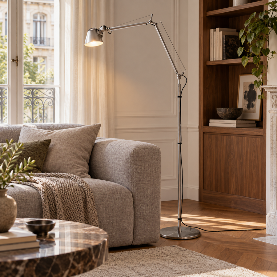 Aura — lampadaire articulé argenté — ambiance 1
