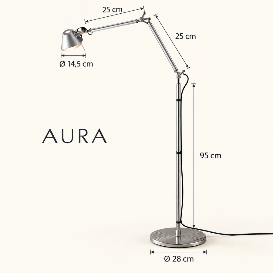 Aura — argente — tige 95 cm, bras 25 + 25 cm, base 28 cm