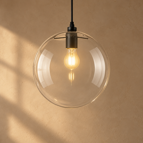 Astéria — suspension boule en verre transparent, finition noire