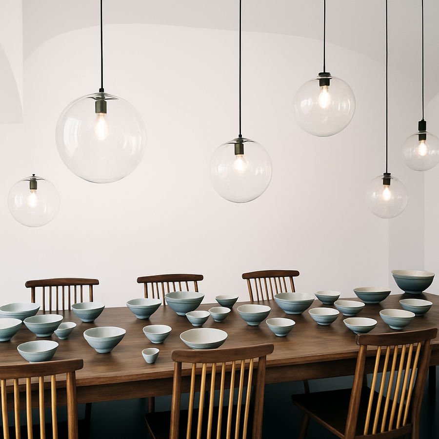 Astéria — exemple d’alignement de plusieurs suspensions au-dessus d’une table