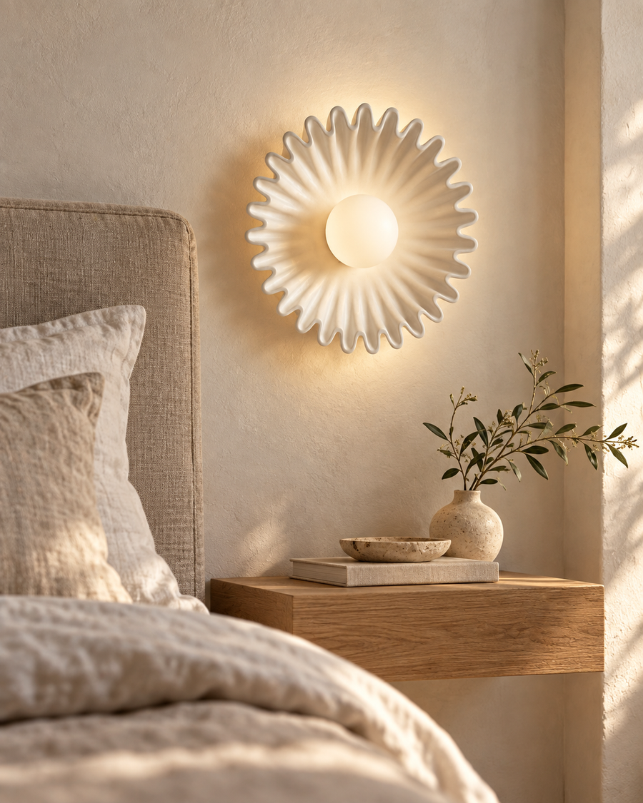 Coralia blanche — mise en ambiance près d’un lit