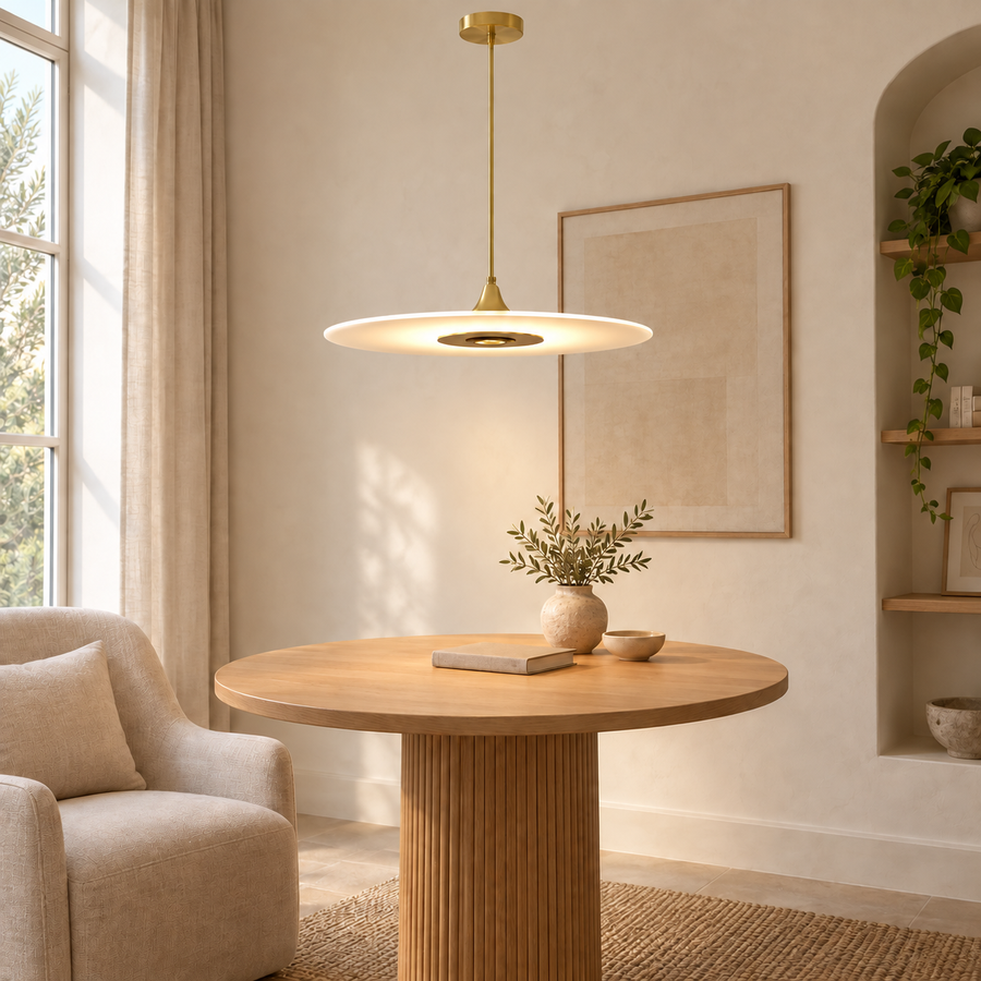 Keiko doré diamètre 40 cm — suspension au-dessus d’une table en chêne